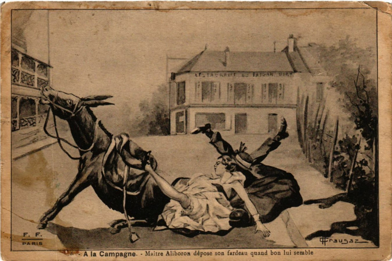 Carte postale ancienne A la Campagne Maitre Aliboron depose son fardeau France Folklore