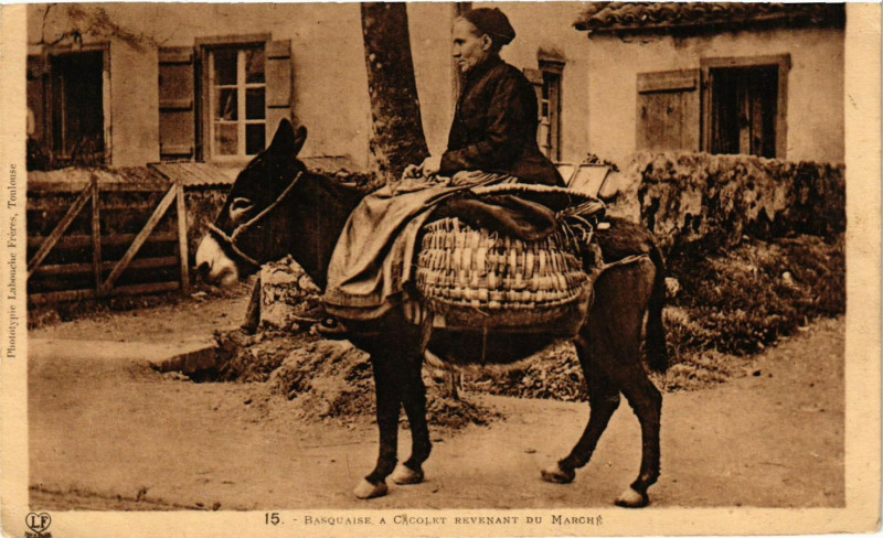 Carte postale ancienne Basquaise a Cacolet Revenant du Marché France Folklore