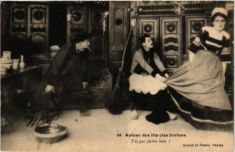 Carte postale ancienne Autour des Lits Clos Bretons - T'es pas jachée hein - Folklore