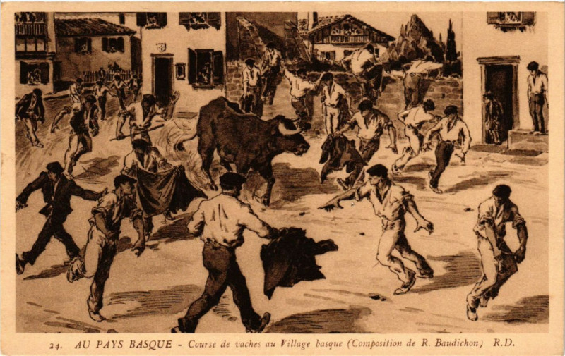 Carte postale ancienne Au Pays Basque - Course de vaches au Village basque - Folklore