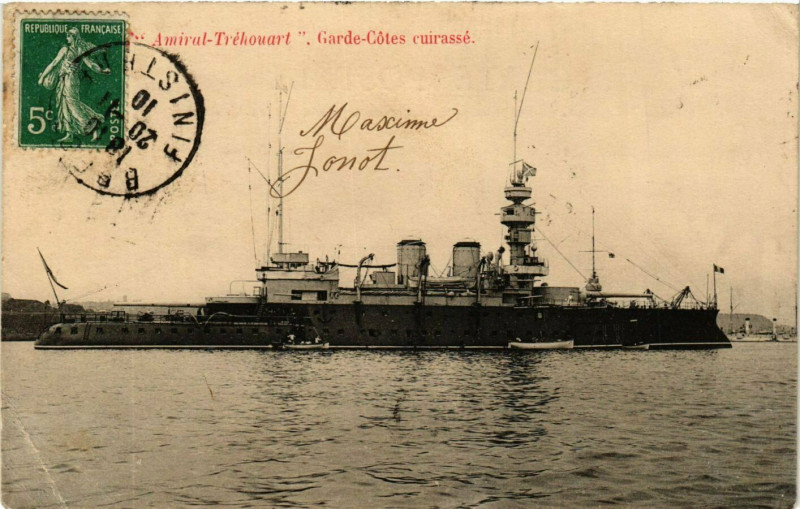 Carte postale ancienne Amiral-Thehouart - Garde-Cotes Cuirasse - Ships