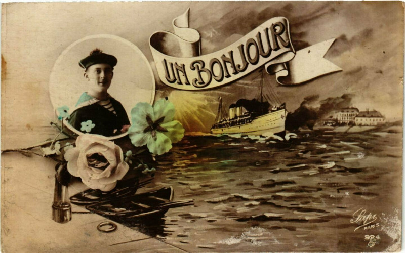 Carte postale ancienne Un Bonjour - Marines - Sailors - Ships