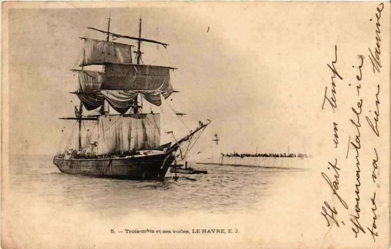 Carte postale ancienne Trois mats et ses voiles Le Havre Ships