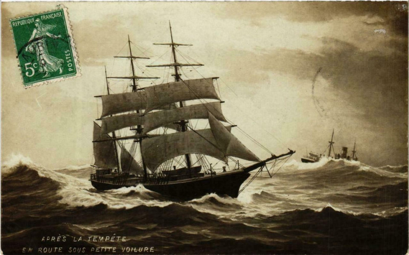 Carte postale ancienne Apres la Tempete en route sous petite voilure Ships
