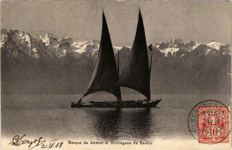 Carte postale ancienne Barque du Leman et Montagnes de Savoie Ships