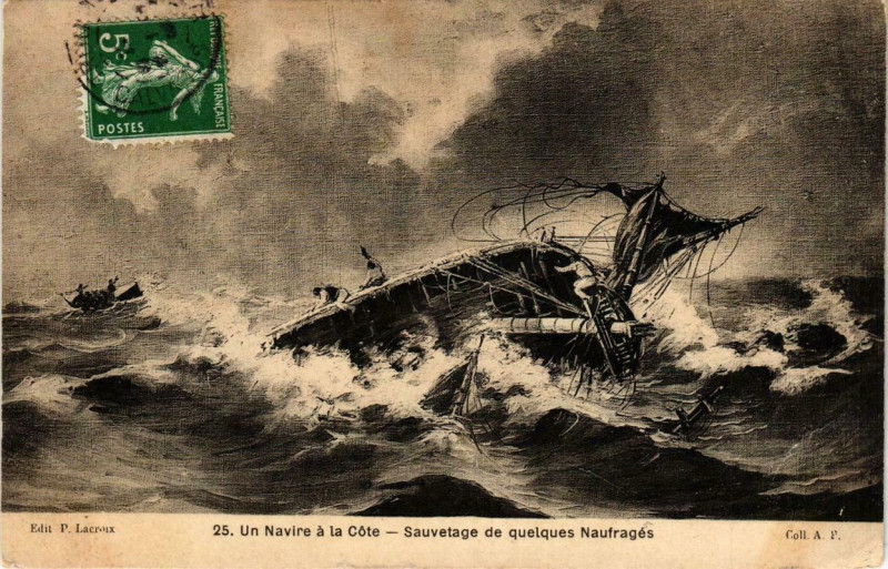 Carte postale ancienne Un Navire a la Cote Sauvetage de quelques Naufrages Ships