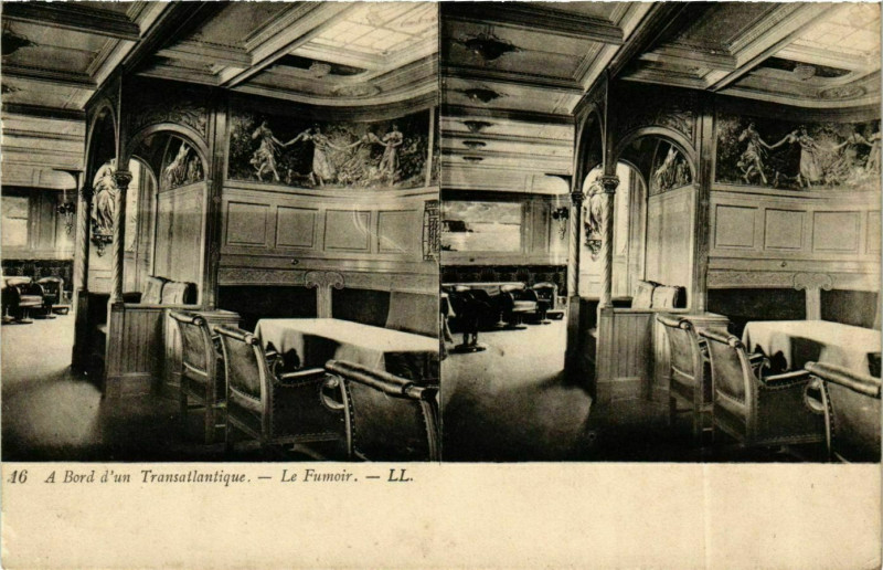 Carte postale ancienne A Bord d'un Transatlantique - Le Fumoir - Stereo Card Ships