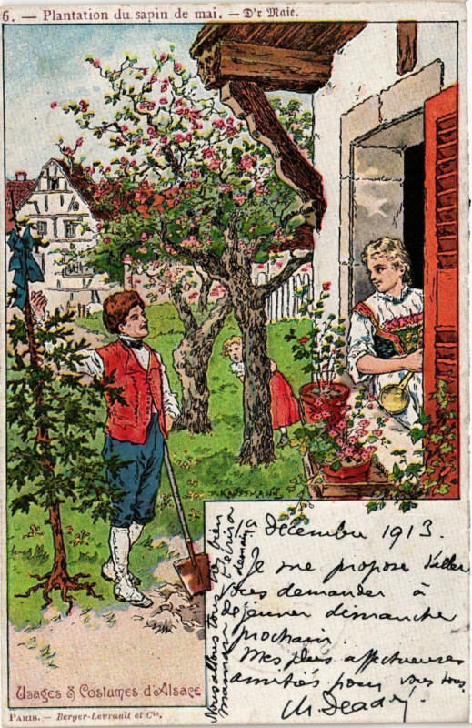 Carte postale ancienne Usages & Costumes d'Alsace - Plantation du sapin de mai - Folklore