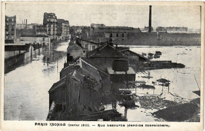 Carte postale ancienne Paris inondé (janvier 1910) - Rue Lecourbe (Jardins maraichers) à Paris 15e