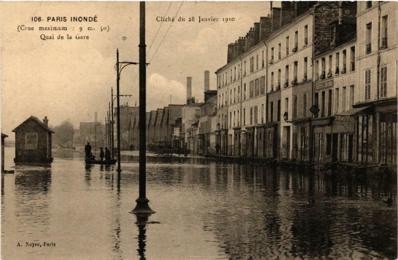 Carte postale ancienne Paris inondé - Cliché du 28 Janvier 1910 - Quai de la Gare à Paris 13e