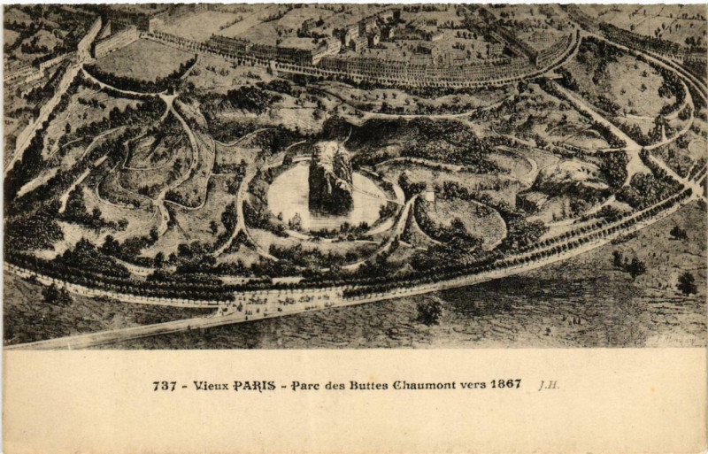 Carte postale ancienne Parc des Buttes Chaumont vers 1867 à Paris 19e