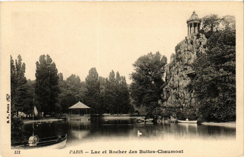 Carte postale ancienne Lac et Rocher des Buttes-Chaumont à Paris 19e