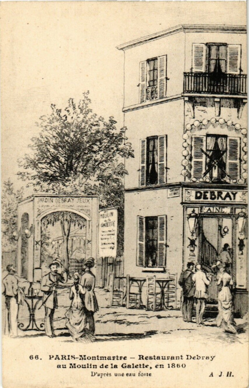 Carte postale ancienne Montmartre - Restaurant Debray au Moulin de la Galette en 1860 à Paris 18e