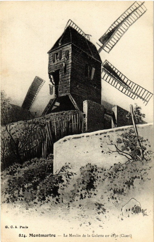 Carte postale ancienne Montmartre - Le Moulin de la Galette en 1830 à Paris 18e