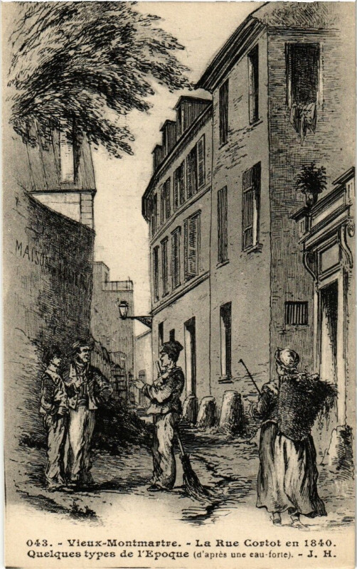 Carte postale ancienne Vieux-Montmartre - La rue Cortot en 1840 - Quelques types de l'époque à Paris 18e