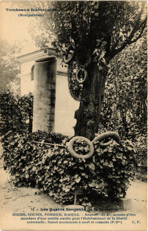 Carte postale ancienne Cimetière du Montparnasse - Les Quatre Sergents de la Rochelle - Bories, Gourbin, Pommier, Raoulx à Paris 14e