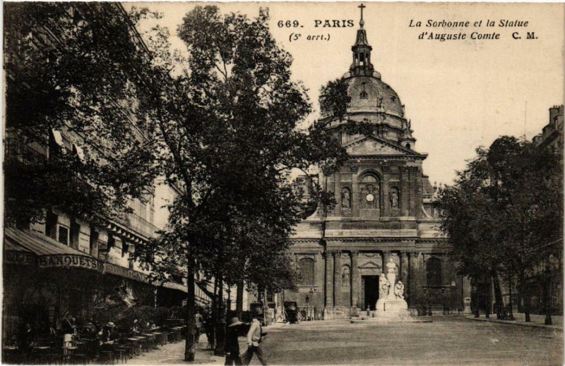 Carte postale ancienne Paris 5e La Sorbonne et la Statue dAuguste Comte à Paris 5e