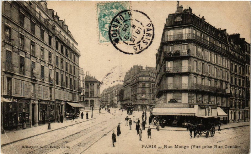 Carte postale ancienne Paris 5e Rue Monge. vue prise Rue Censier à Paris 5e