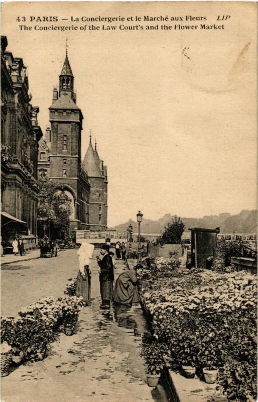 Carte postale ancienne Paris 4e La Conciergerie et le Marché aux Fleurs à Paris 4e