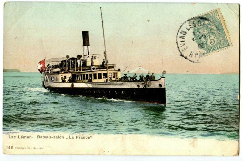 Carte postale ancienne Haute-Savoie Evians-les-Bains Bateau-salon La France animé