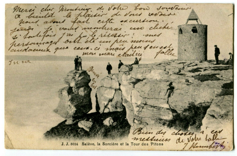 Carte postale ancienne Haute-Savoie Salève La Sorcière et la Tour des Pitons animé à La Tour
