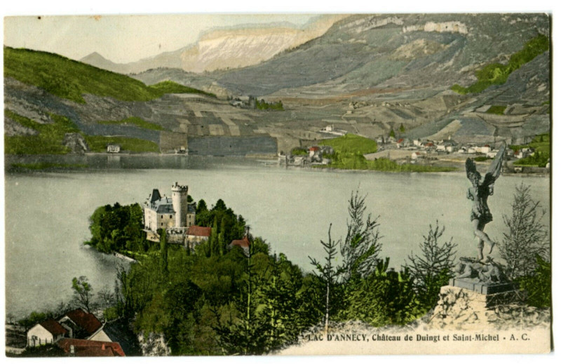 Carte postale ancienne Haute-Savoie Lac d'Annecy Château de Duingt et Saint-Michel à Annecy