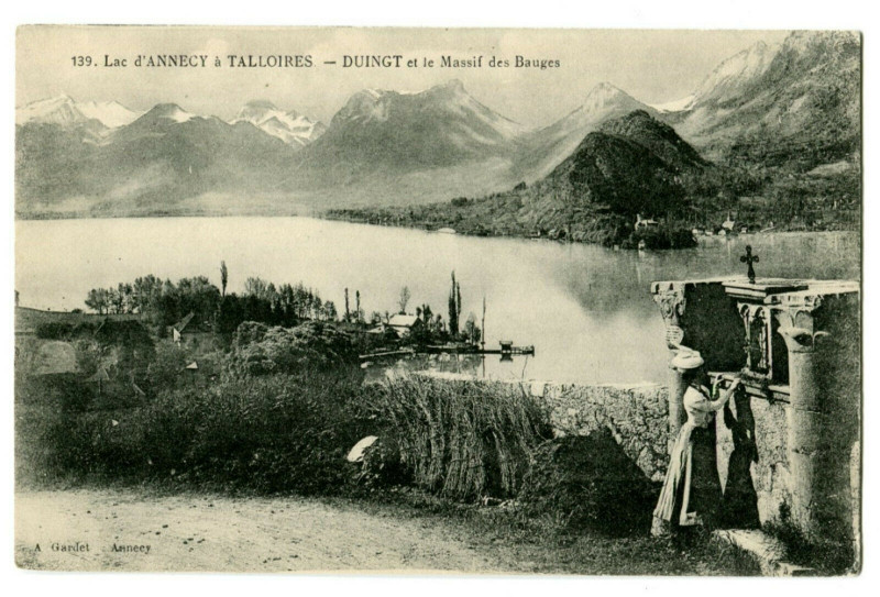 Carte postale ancienne Haute-Savoie Lac d'Annecy Talloires Duingt et Massif des Bauges animé à Annecy