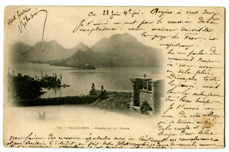 Carte postale ancienne Haute-Savoie Lac d'Annecy Talloires Chapelle du Toron animé à Annecy