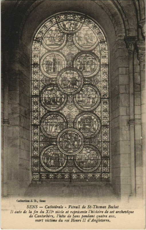 Carte postale ancienne Sens Cathedrale, Vitrail de St.Thomas Becket France à Sens