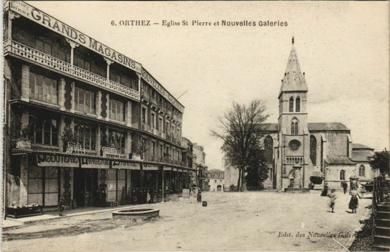Carte postale ancienne Orthez Eglise St.Pierre et Nouvelles Galeries France à Orthez