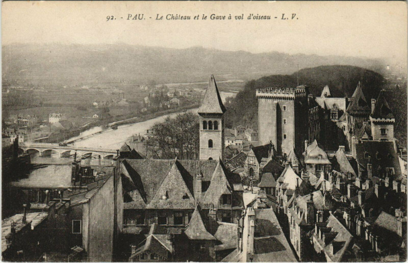 Carte postale ancienne Pau Le Chateau et le Gave a Vol d'Oiseau à Pau