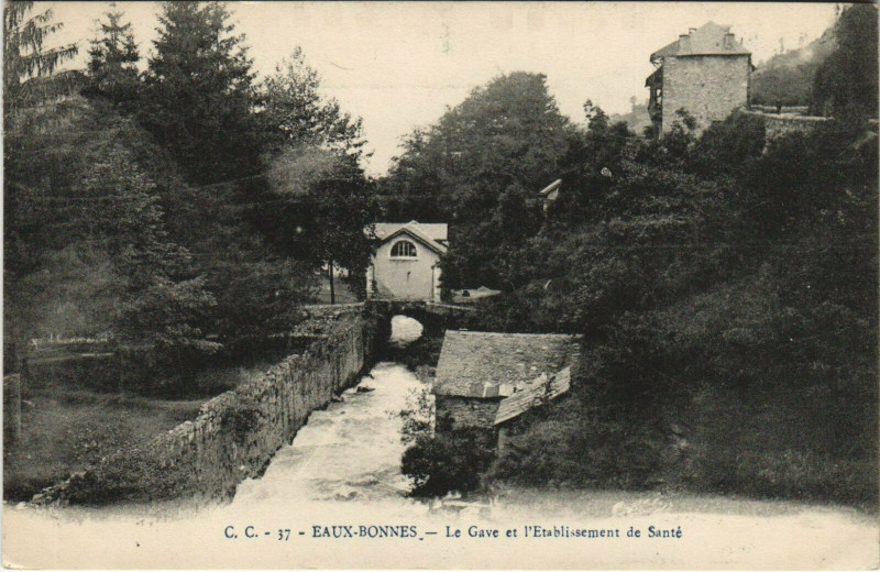 Carte postale ancienne Eaux-Bonnes Le Gave et l'Etablissement de Sante à Eaux-Bonnes