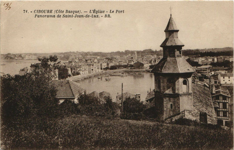 Carte postale ancienne Ciboure L'Eglise - Le Port - Panorama de Saint-Jean-de-Luz à Ciboure