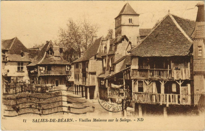 Carte postale ancienne Salies de Bearn Vieilles maisons s le Saleys France