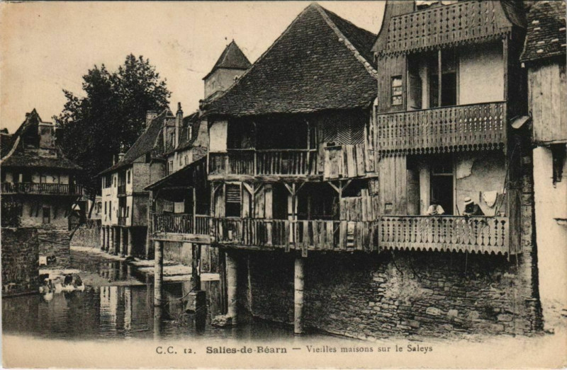 Carte postale ancienne Salies de Bearn Vieilles maisons s le Saleys France