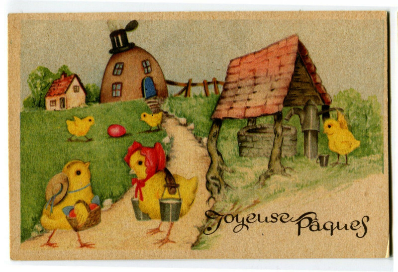 Carte postale ancienne Fantaisie happy easter chicks rare and house à Us