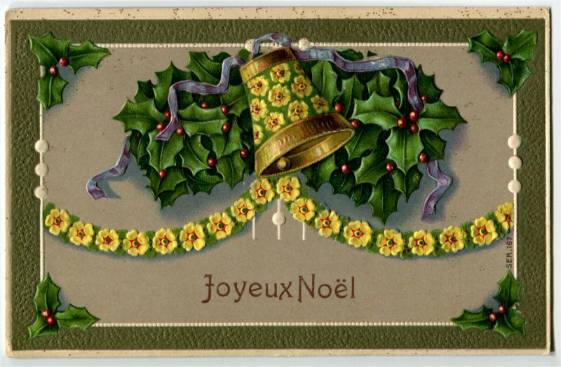 Carte postale ancienne Fantaisie party merry christmas card relief bell yellow and holly