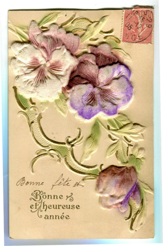 Carte postale ancienne Fantaisie happy new year card relief flowers