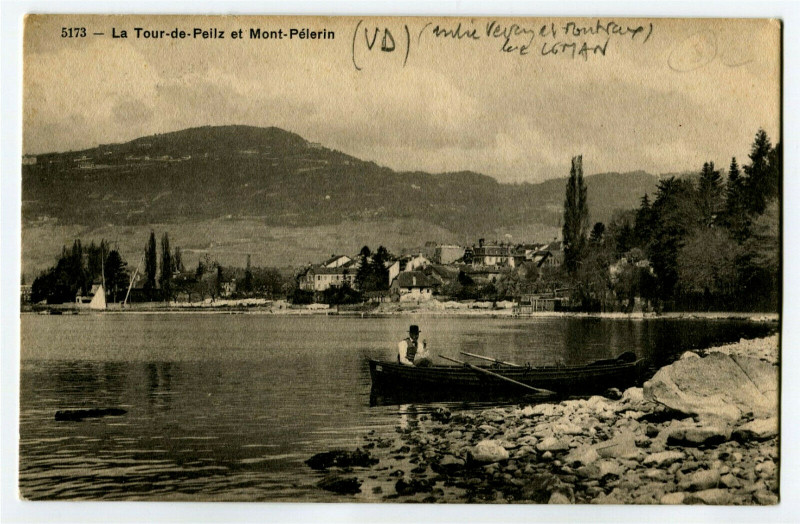 Carte postale ancienne Switzerland lake Geneva la tour-de-peilz and mont-pilgrim animated barque