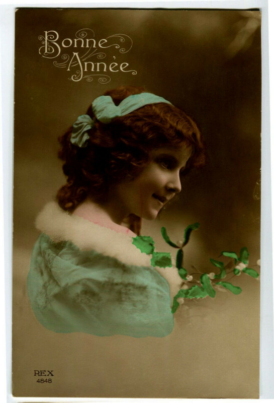 Carte postale ancienne Fantaisie happy new year girl and mistletoe