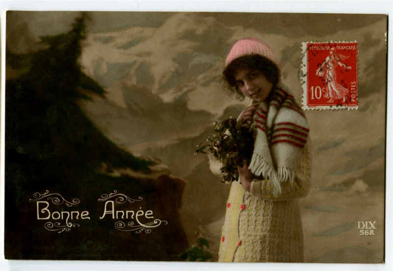 Carte postale ancienne Fantaisie bonne année young woman and mountain