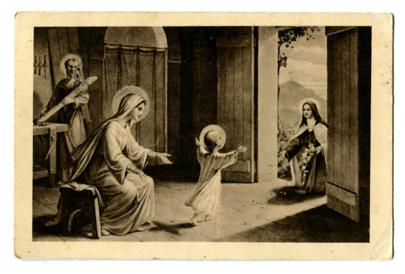 Carte postale ancienne Fantaisie religion stethérèse tossing flowers under the footsteps of jesus