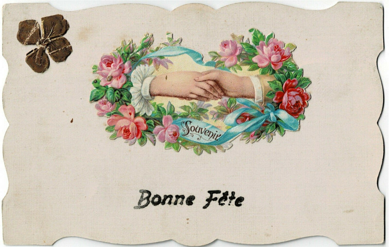 Carte postale ancienne Fantaisie bonne Fête handshake decoupis card