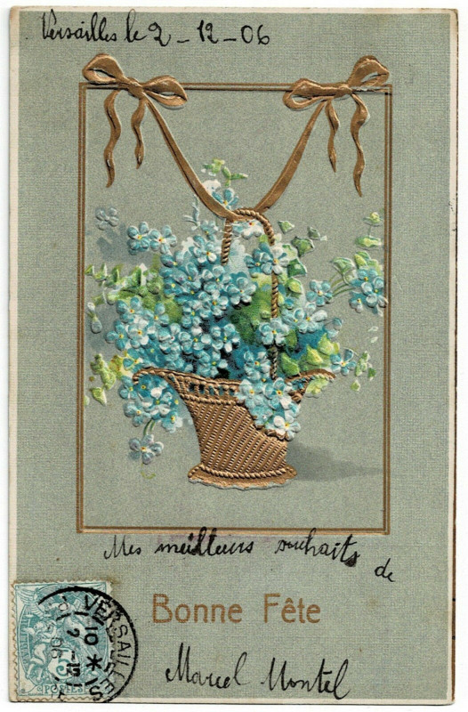 Carte postale ancienne Fantaisie party happy birthday basket of flowers relief card