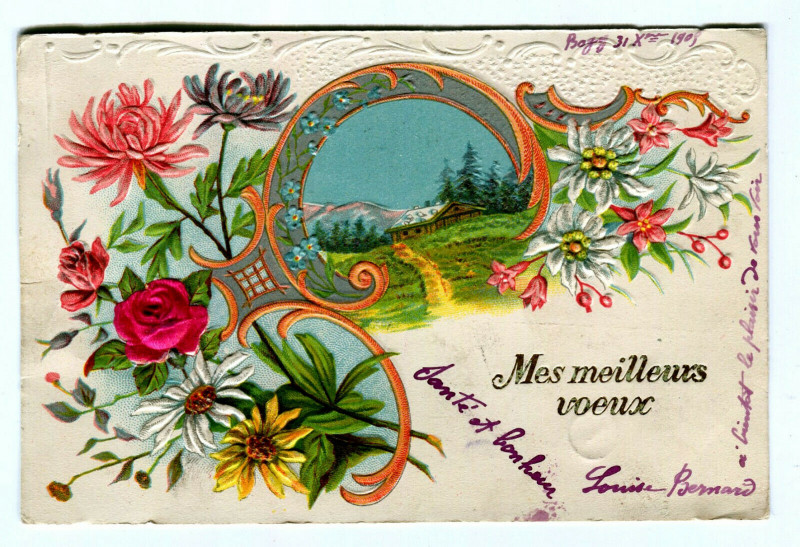 Carte postale ancienne Fantaisie feasts my best wishes flowers relief card