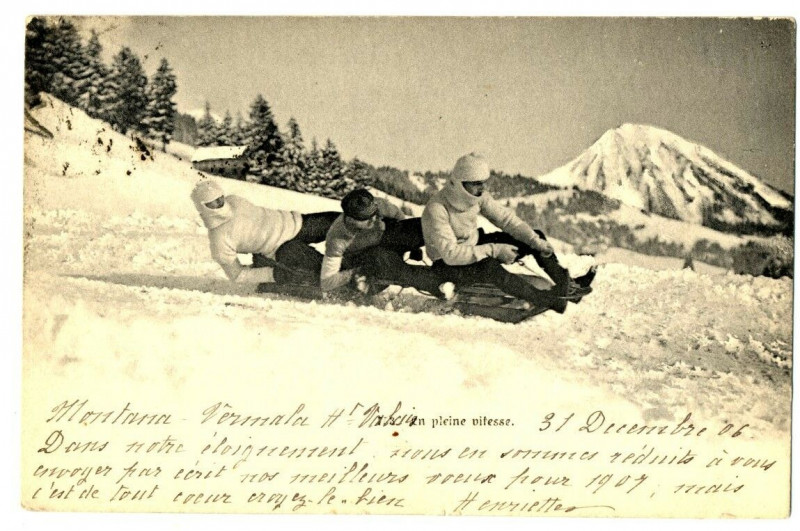 Carte postale ancienne Winter sports sledging in full speed animated luge bobsled