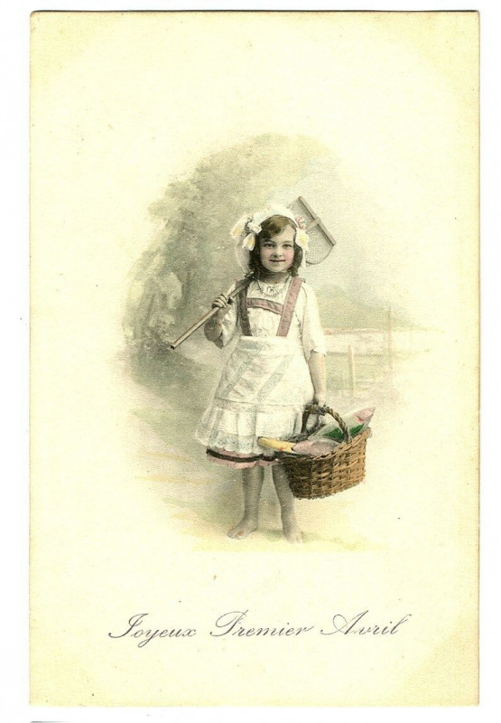 Carte postale ancienne Fantaisie happy first April girl and basket