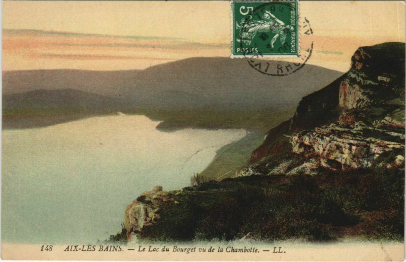 Carte postale ancienne Aix-les-Bains Le Lac du Bourget vu de la Chambotte à Aix-les-Bains