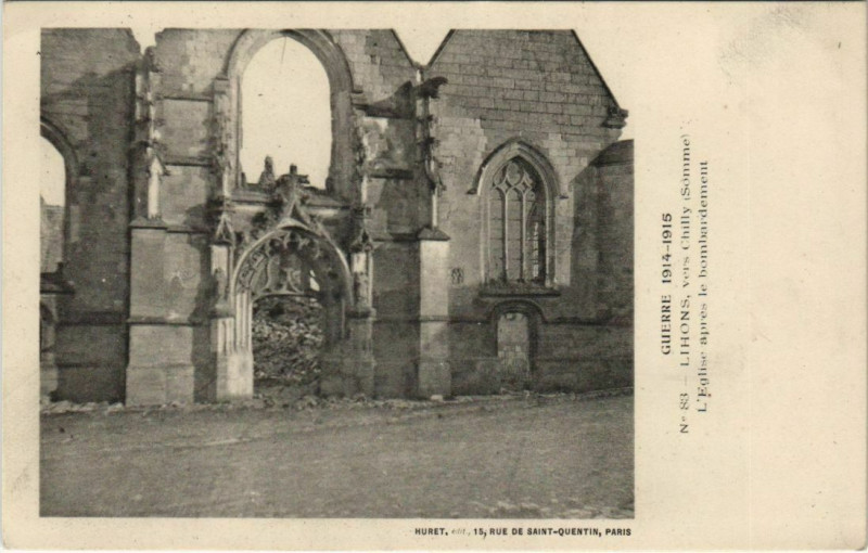 Carte postale ancienne Guerre Lihons Eglise apres le bombardement à Lihons