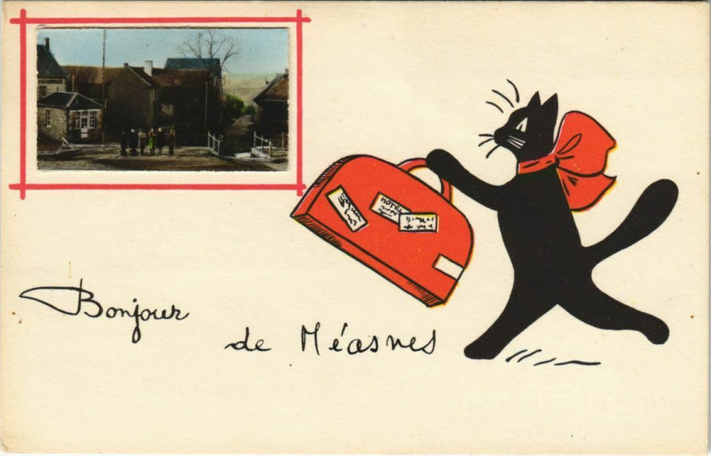 Carte postale ancienne Measnes Town Scene - Cat with a Luggage